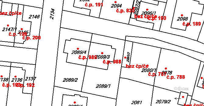 Jemnice 988 na parcele st. 2089/3 v KÚ Jemnice, Katastrální mapa