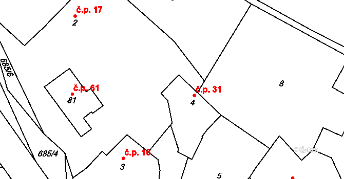 Jetenovice 31, Velký Bor na parcele st. 4 v KÚ Jetenovice, Katastrální mapa