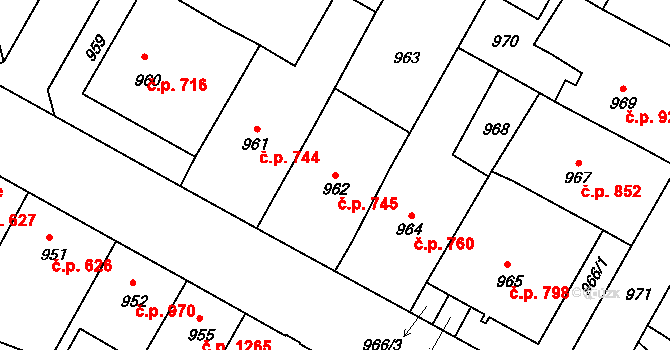 Předměstí 745, Litoměřice na parcele st. 962/1 v KÚ Litoměřice, Katastrální mapa