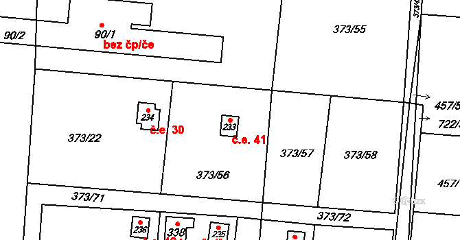 Kunětice 41 na parcele st. 233 v KÚ Kunětice, Katastrální mapa