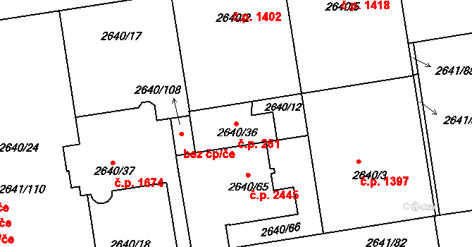 Moravská Ostrava 261, Ostrava na parcele st. 2640/36 v KÚ Moravská Ostrava, Katastrální mapa