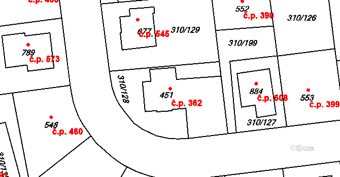 Prštné 362, Zlín na parcele st. 451 v KÚ Prštné, Katastrální mapa
