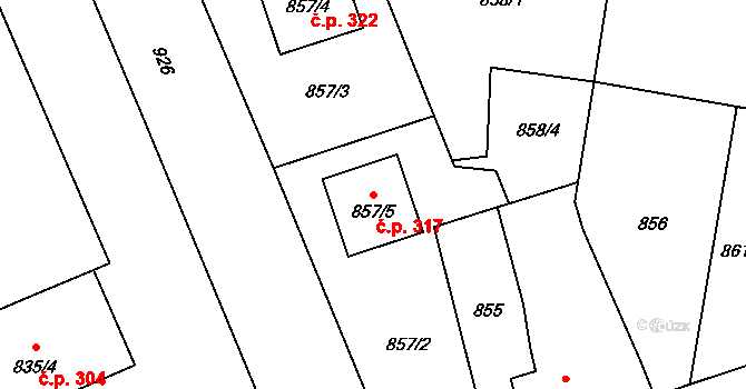 Pusté Jakartice 317, Opava na parcele st. 857/5 v KÚ Malé Hoštice, Katastrální mapa