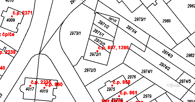 Žabovřesky 857, Brno na parcele st. 2972/1 v KÚ Žabovřesky, Katastrální mapa