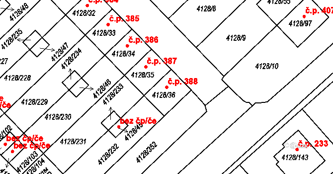 Choceňské Předměstí 388, Vysoké Mýto na parcele st. 4128/36 v KÚ Vysoké Mýto, Katastrální mapa