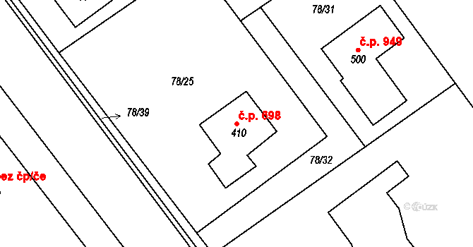 Rudná 698 na parcele st. 410 v KÚ Hořelice, Katastrální mapa