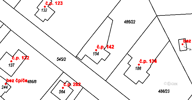 Hrádek 142 na parcele st. 154 v KÚ Hrádek u Rokycan, Katastrální mapa
