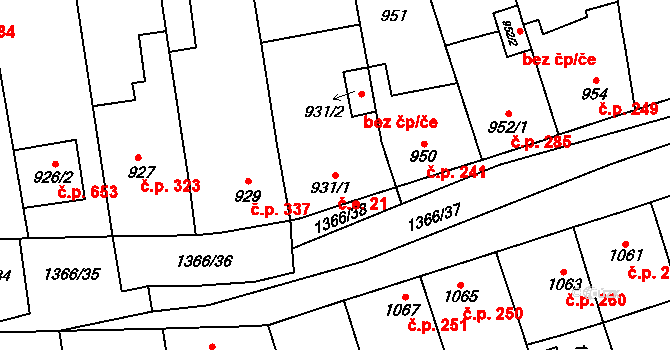Vejprnice 21 na parcele st. 931/1 v KÚ Vejprnice, Katastrální mapa
