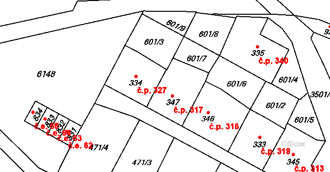 Lysice 317 na parcele st. 347 v KÚ Lysice, Katastrální mapa