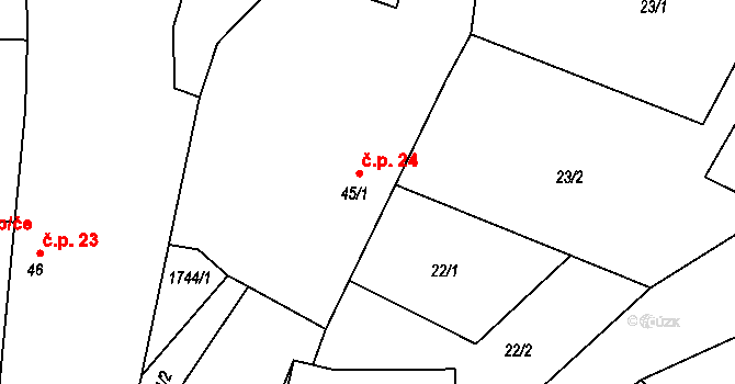 Hracholusky 24 na parcele st. 45/1 v KÚ Hracholusky u Prachatic, Katastrální mapa