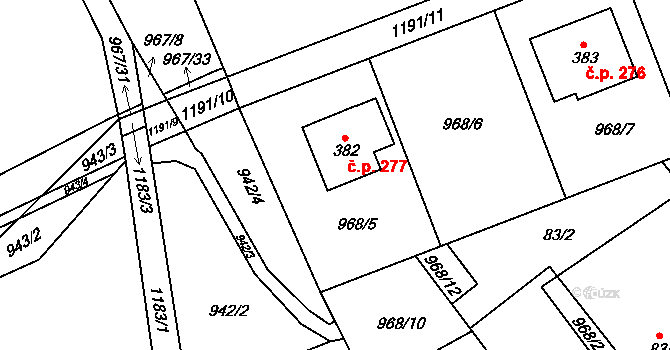 Hrabišín 277 na parcele st. 382 v KÚ Hrabišín, Katastrální mapa