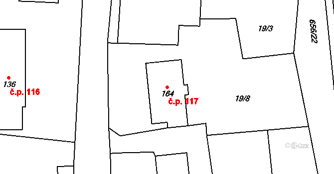 Klopina 117 na parcele st. 164 v KÚ Klopina, Katastrální mapa