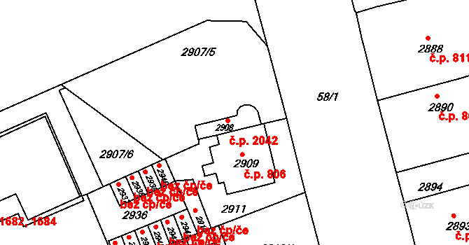 Černá Pole 2042, Brno na parcele st. 2908 v KÚ Černá Pole, Katastrální mapa