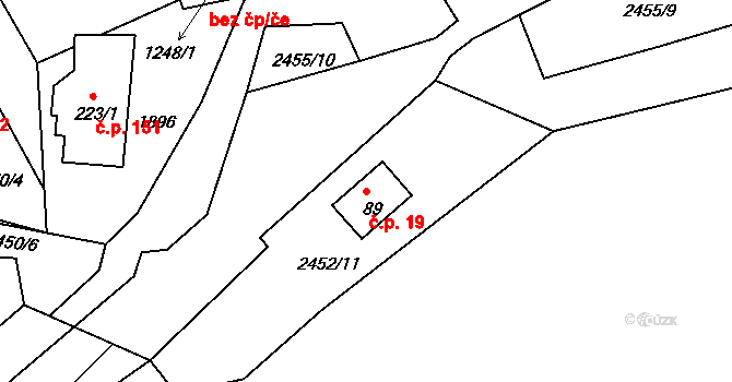 Lužná 19, Větřní na parcele st. 89 v KÚ Hašlovice, Katastrální mapa