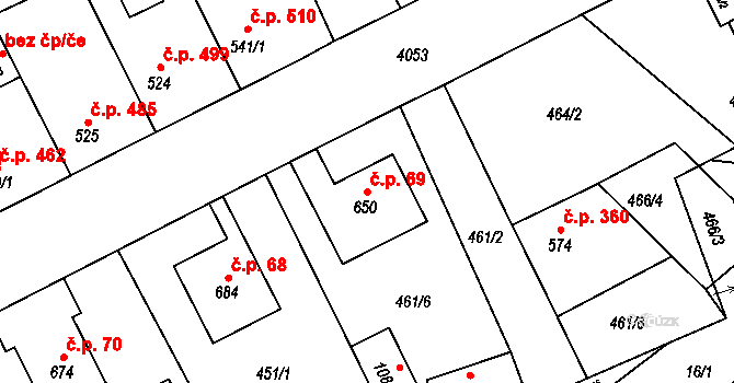 Kryry 69 na parcele st. 650 v KÚ Kryry, Katastrální mapa