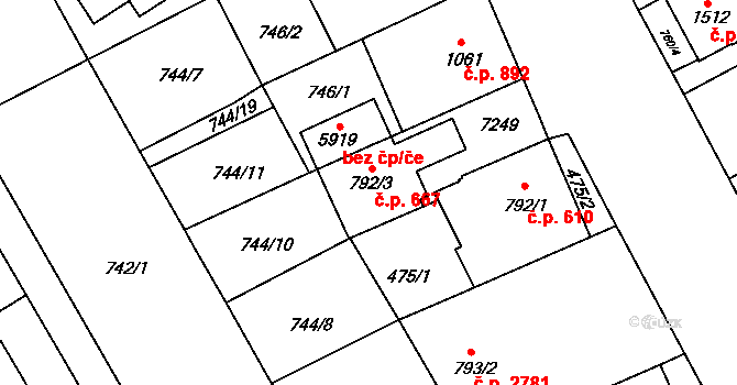 Žatec 667 na parcele st. 792/3 v KÚ Žatec, Katastrální mapa