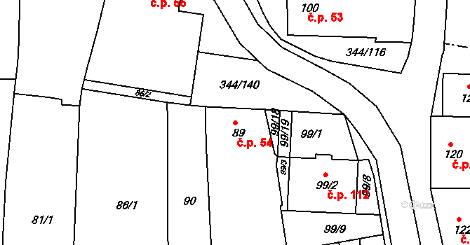 Milovice 54 na parcele st. 89 v KÚ Milovice u Mikulova, Katastrální mapa