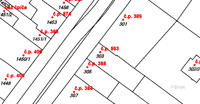 Podivín 593 na parcele st. 303 v KÚ Podivín, Katastrální mapa