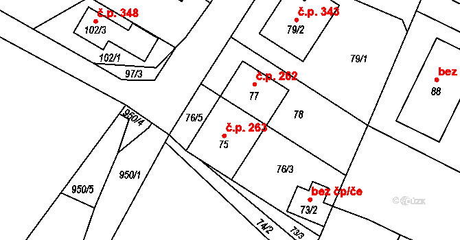 Rychlov 263, Bystřice pod Hostýnem na parcele st. 75 v KÚ Rychlov u Bystřice pod Hostýnem, Katastrální mapa