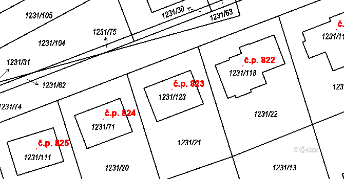 Líně 823 na parcele st. 1231/123 v KÚ Líně, Katastrální mapa