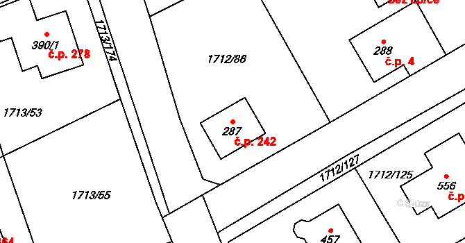 Tymákov 242 na parcele st. 287 v KÚ Tymákov, Katastrální mapa