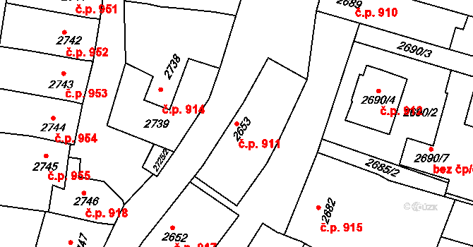 Rakšice 911, Moravský Krumlov na parcele st. 2653 v KÚ Moravský Krumlov, Katastrální mapa