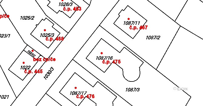 Šatov 475 na parcele st. 1087/16 v KÚ Šatov, Katastrální mapa