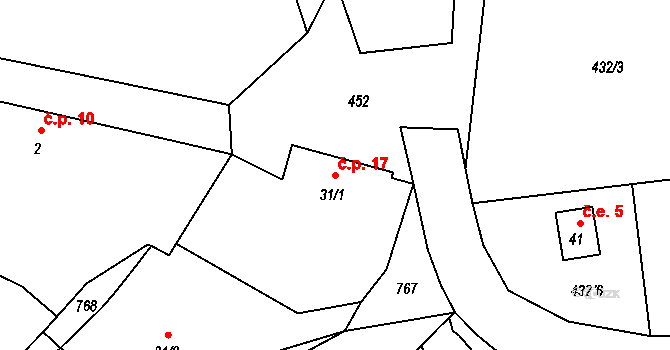 Zderadiny 17, Kácov na parcele st. 31/1 v KÚ Zderadiny, Katastrální mapa