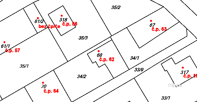Vonoklasy 62 na parcele st. 68/1 v KÚ Vonoklasy, Katastrální mapa