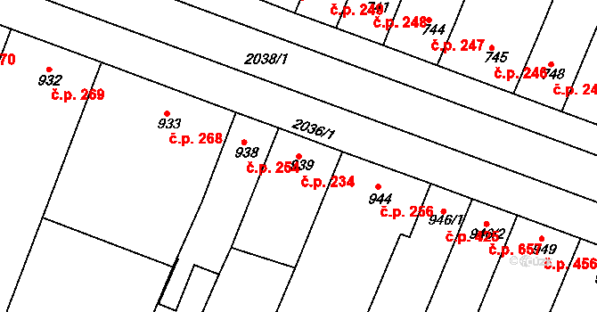 Modřice 234 na parcele st. 939 v KÚ Modřice, Katastrální mapa