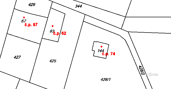 Heřmaničky 74 na parcele st. 144 v KÚ Heřmaničky, Katastrální mapa