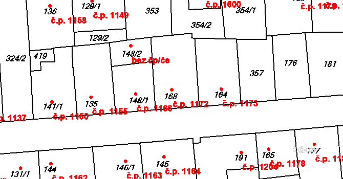 Švermov 1172, Kladno na parcele st. 168/1 v KÚ Hnidousy, Katastrální mapa
