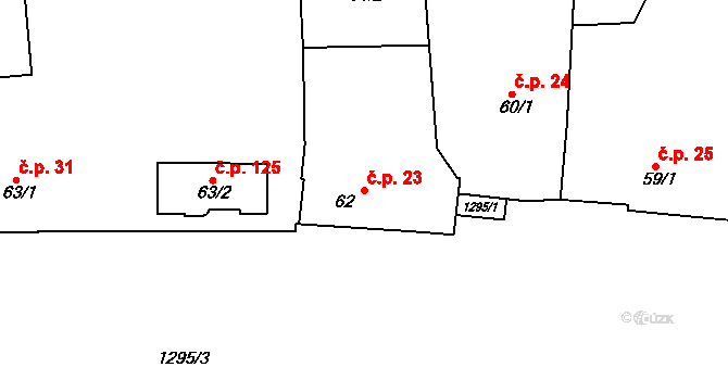 Tuchlovice 23 na parcele st. 62 v KÚ Tuchlovice, Katastrální mapa