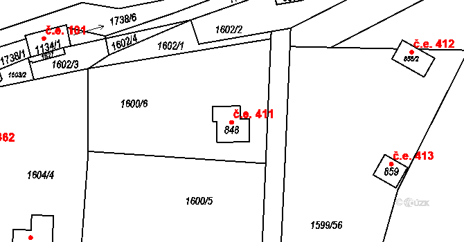 Chyňava 411 na parcele st. 848 v KÚ Chyňava, Katastrální mapa