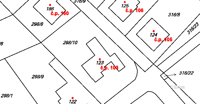 Všestary 103 na parcele st. 123 v KÚ Všestary, Katastrální mapa