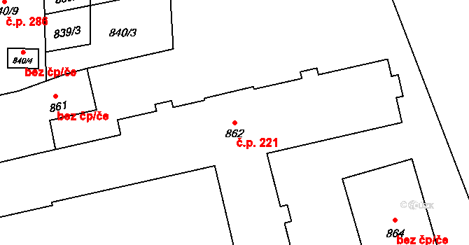 Grygov 221 na parcele st. 862 v KÚ Grygov, Katastrální mapa