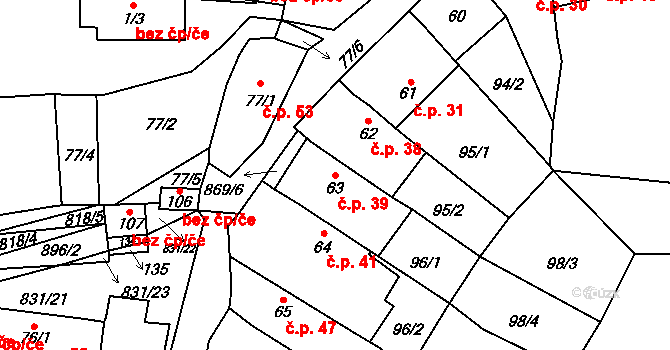 Sedlec 39 na parcele st. 63 v KÚ Sedlec u Libochovic, Katastrální mapa