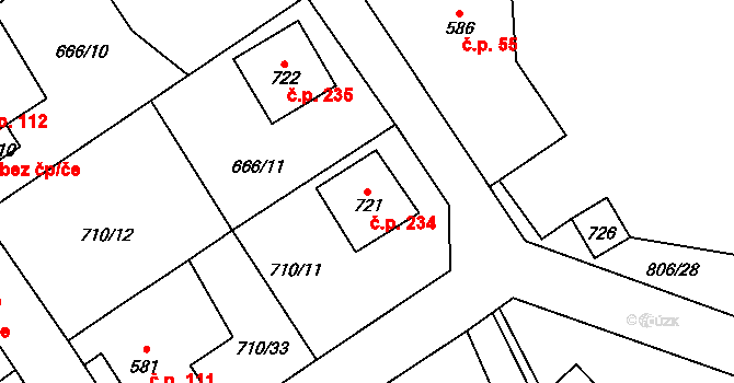 Děčín IX-Bynov 234, Děčín na parcele st. 721 v KÚ Bynov, Katastrální mapa