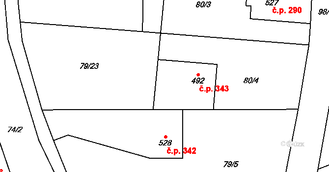 Poličná 343 na parcele st. 492 v KÚ Poličná, Katastrální mapa