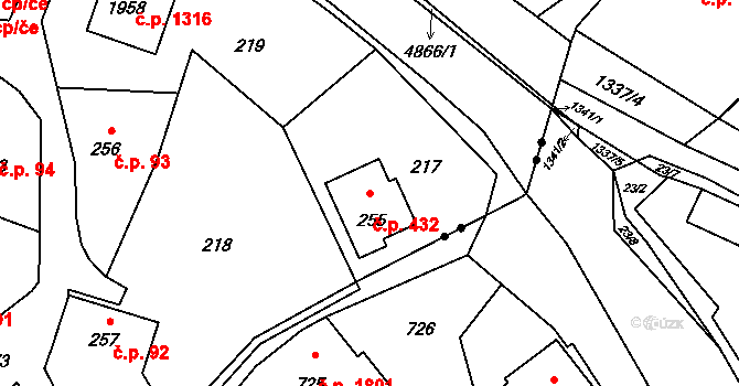 Rožnov pod Radhoštěm 432 na parcele st. 255 v KÚ Rožnov pod Radhoštěm, Katastrální mapa