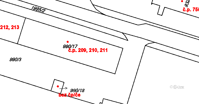 Bechyně 209,210,211 na parcele st. 990/17 v KÚ Bechyně, Katastrální mapa