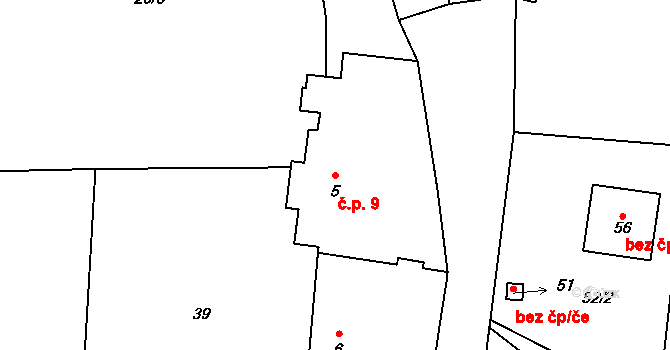 Bartoušov 9, Jičíněves na parcele st. 5 v KÚ Bartoušov u Jičíněvsi, Katastrální mapa