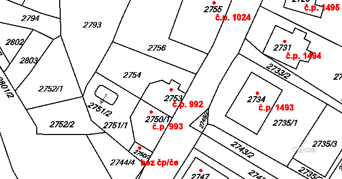 Kadaň 992 na parcele st. 2753 v KÚ Kadaň, Katastrální mapa