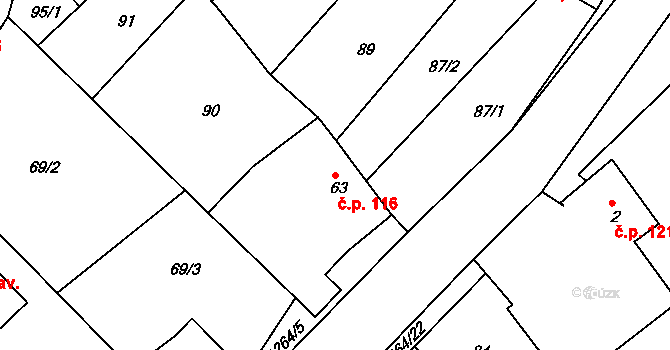 Vranová Lhota 116 na parcele st. 63 v KÚ Vranová, Katastrální mapa