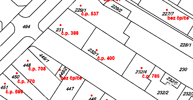 Tuřany 400, Brno na parcele st. 232/1 v KÚ Tuřany, Katastrální mapa