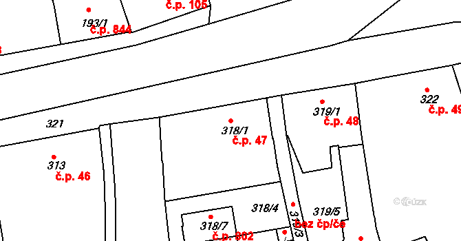 Chrlice 47, Brno na parcele st. 318/1 v KÚ Chrlice, Katastrální mapa