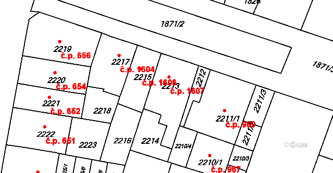 Černá Pole 1607, Brno na parcele st. 2213 v KÚ Černá Pole, Katastrální mapa