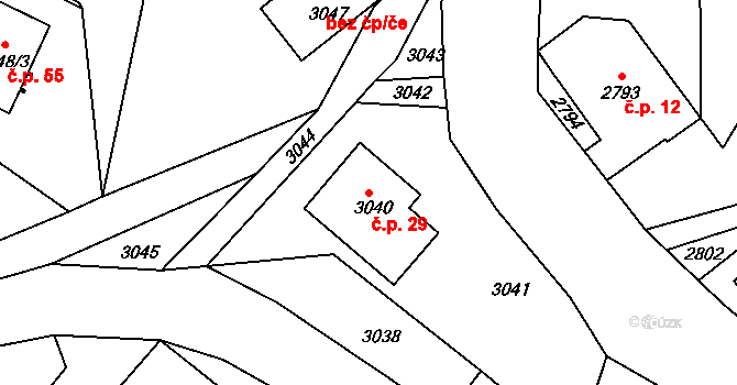 Pelechov 29, Železný Brod na parcele st. 3040 v KÚ Železný Brod, Katastrální mapa