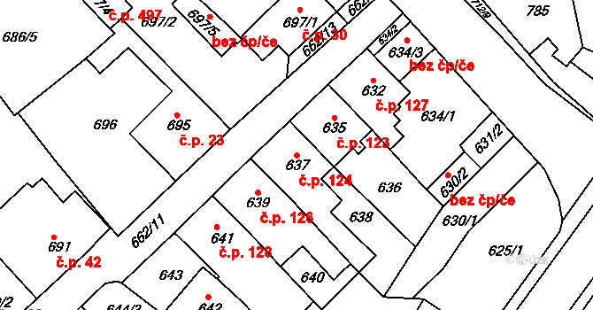 Sobědruhy 124, Teplice na parcele st. 637 v KÚ Sobědruhy, Katastrální mapa
