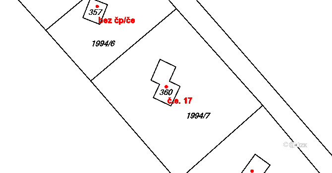 Hájemství 17, Vítězná na parcele st. 360 v KÚ Kocléřov, Katastrální mapa